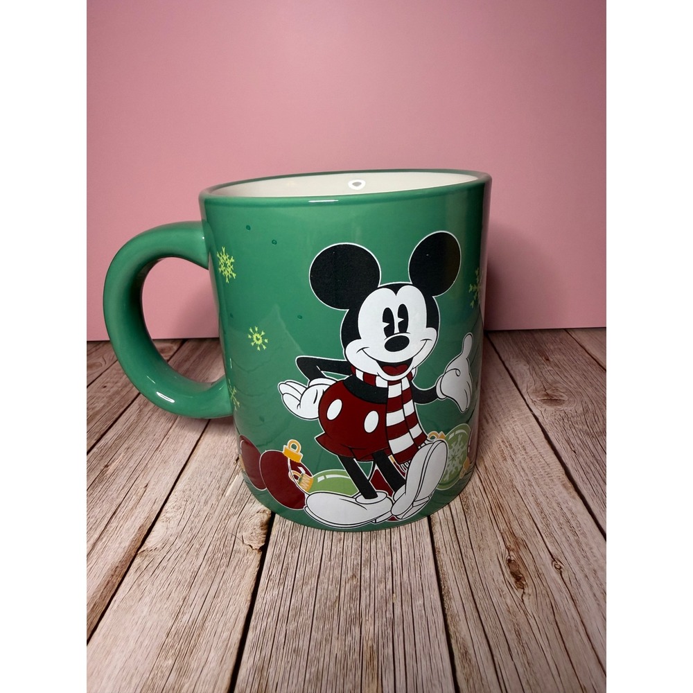 Disney Mickey Mouse Coffee Mug 18oz Green Holiday Christmas Scarf Snowflakes
